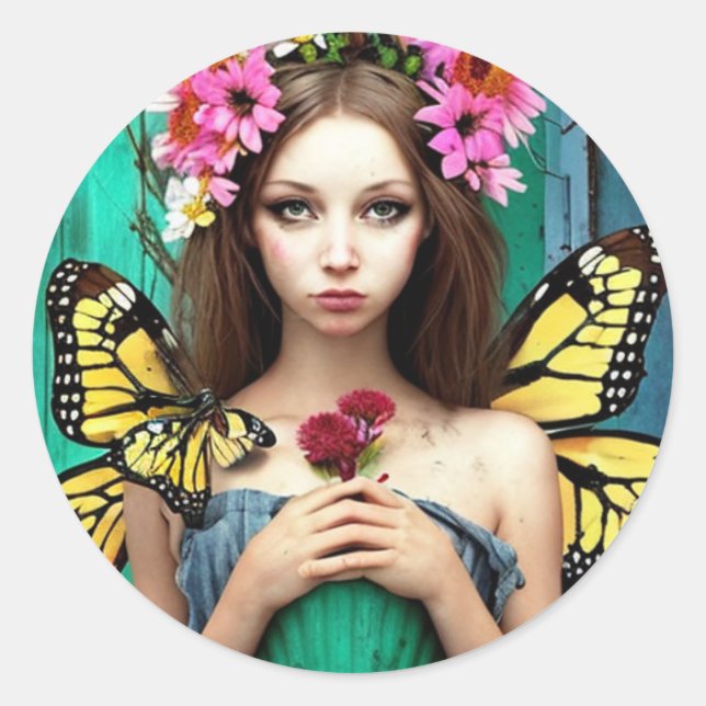 Sticker Rond Jolie fille avec papillons et fleurs (Devant)