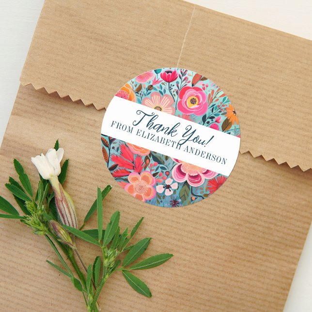 Sticker Rond Jolie fille botanique Merci floral (A pretty colorful floral Thank you sticker. Great for finishing off a small gift.)
