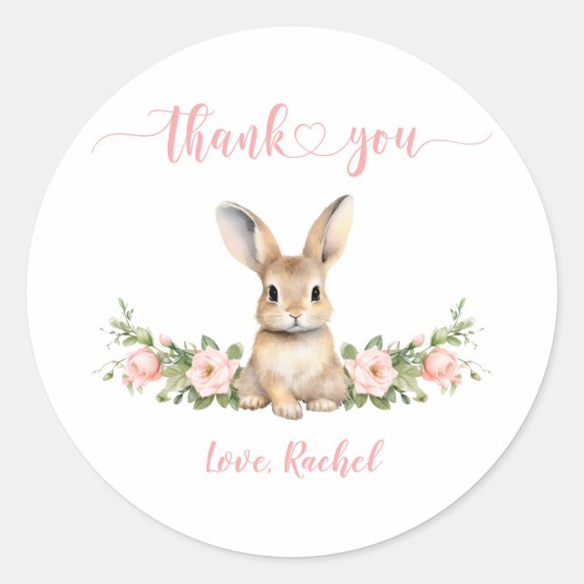 Sticker Rond Jolie Fille Bunny Rose 1er Merci d'anniversaire (Devant)