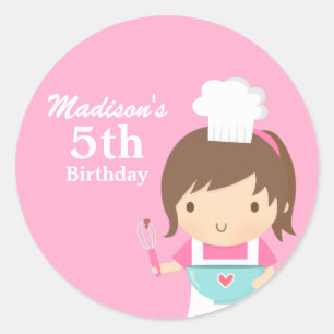 Sticker Rond Jolie fille chef cuisine cuisson fête d'anniversai