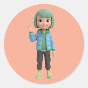 Sticker Rond Jolie fille d'anime 3D agitant une veste bouffante