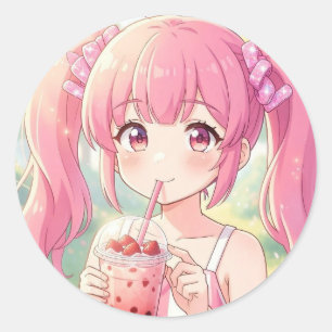 Sticker Rond Jolie Fille d'Anime en Rose Buvant du Thé à Bulles