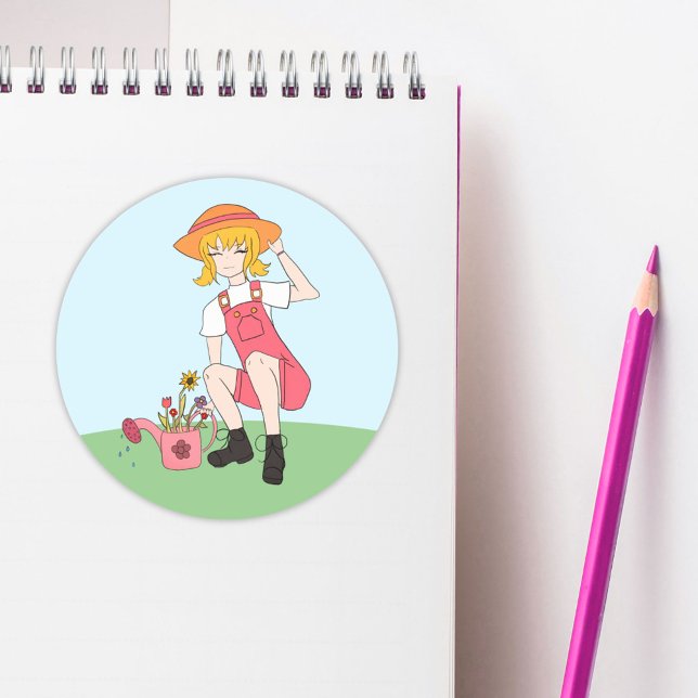 Sticker Rond Jolie fille de jardinage avec fleurs Cheveux blond (Créateur téléchargé)