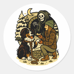 Sticker Rond Jolie fille de la Mort et chien dans une forêt sin
