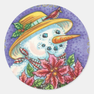 Sticker Rond Jolie fille de Noël Bonhomme de neige avec Poinset