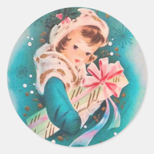 Sticker Rond Jolie Fille d'hiver de Noël Rétro avec cadeau