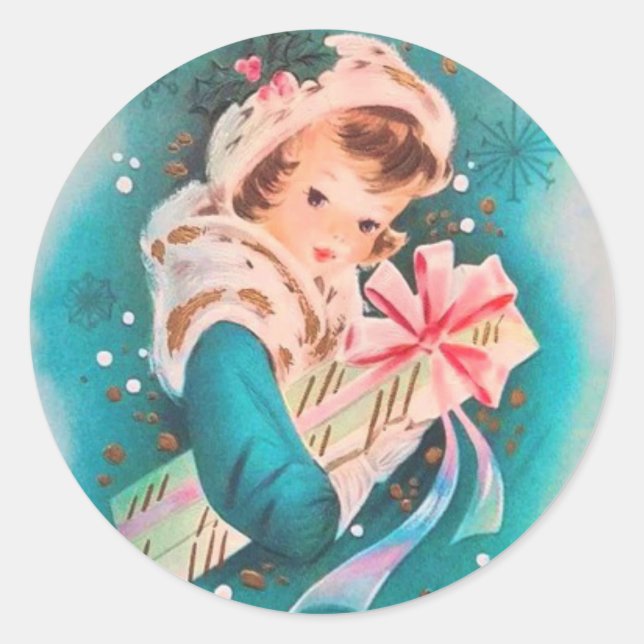 Sticker Rond Jolie Fille d'hiver de Noël Rétro avec cadeau (Devant)