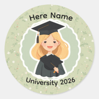 Sticker Rond Jolie fille diplômée, promotion 2026 Nom personnal