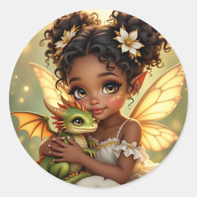 Sticker Rond Jolie Fille Fée d'Anime et Dragon Chibi (Devant)