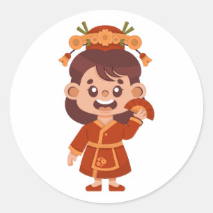 Sticker Rond Jolie fille geisha japonaise éventail pliant kimon