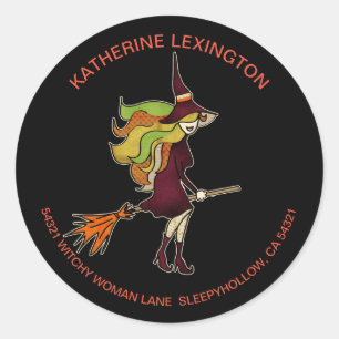 Sticker Rond Jolie fille Halloween sorcière Broomstick Adresse