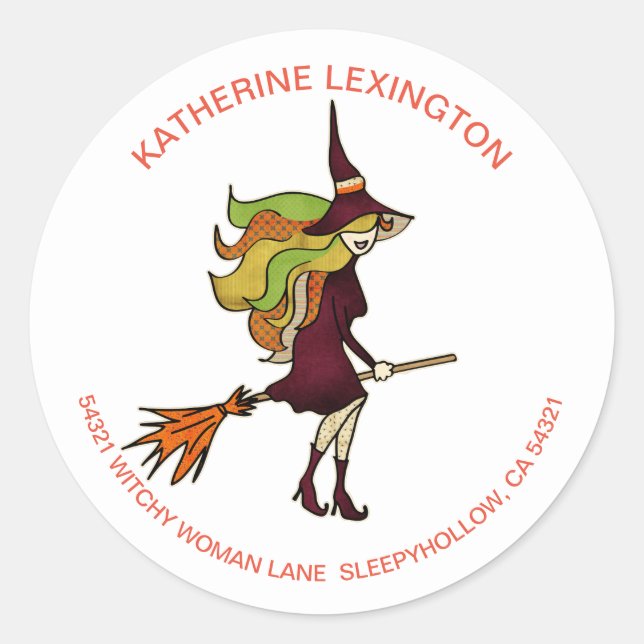 Sticker Rond Jolie fille Halloween sorcière Broomstick Adresse (Devant)