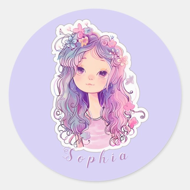 Sticker Rond Jolie fille rose 3, personnalisée (Devant)