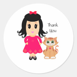 Sticker Rond Jolie fille rose et chaton roux Merci