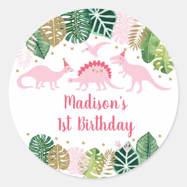 Sticker Rond Jolie fille rose et or Dinosaur Anniversaire (Devant)