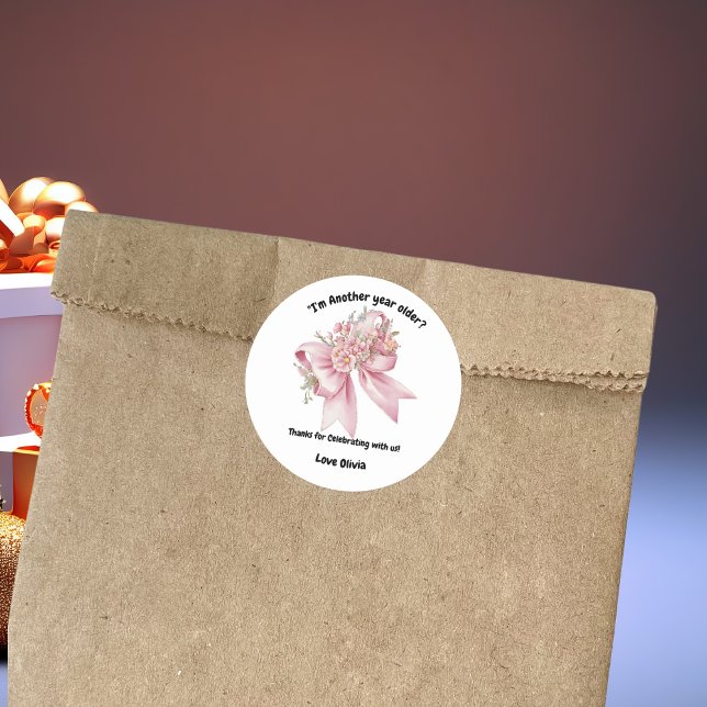 Sticker Rond Jolie fille rose florale Bow Anniversaire (Créateur téléchargé)