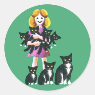 Sticker Rond Jolie fille rustique avec chats dessin Pastel