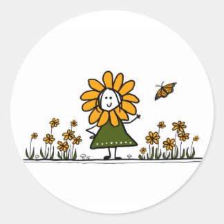 Sticker Rond Jolie Fleur de Cartoon dans un jardin de papillons