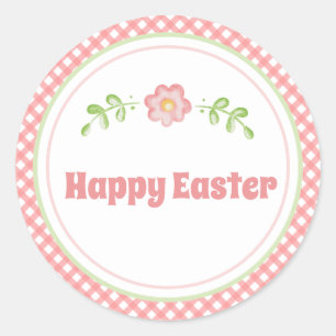 Sticker Rond Jolie fleur et gingham rose corail de Pâques