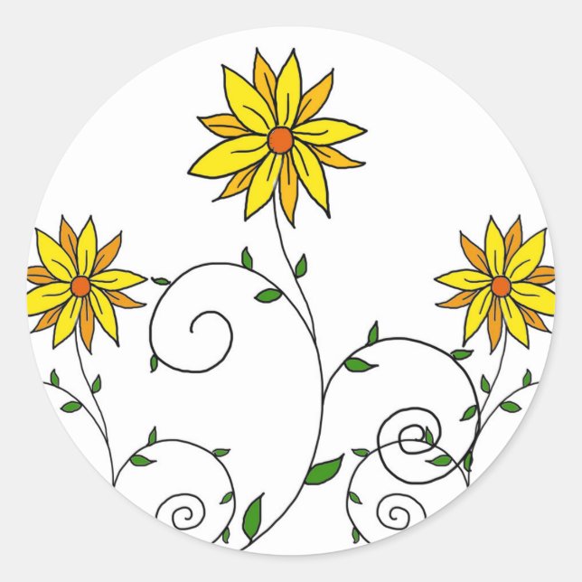Sticker Rond Jolie Fleurs Jaunes Blancs Doodle Art (Devant)