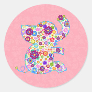 Sticker Rond Jolie Fleurs Rétro Style Cartoon Eléphant