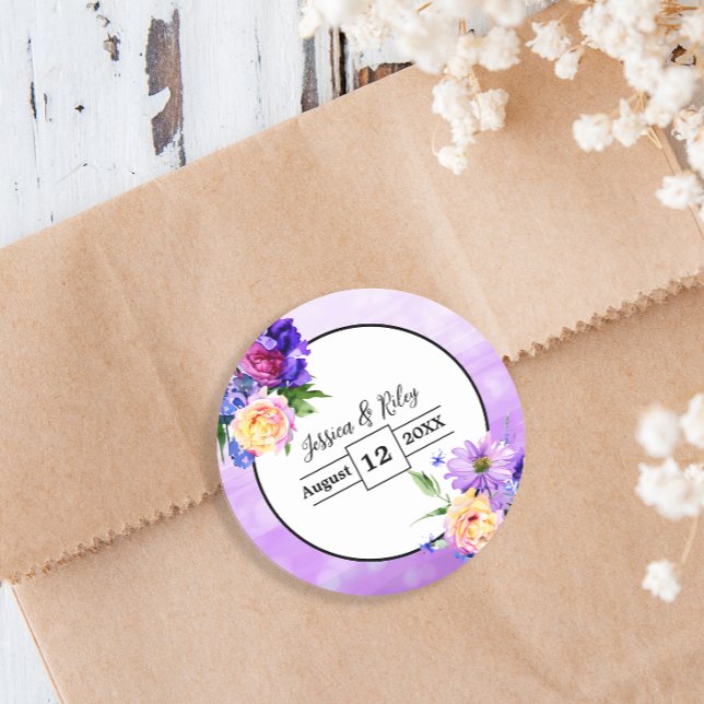 Sticker Rond Jolie Fleurs violettes Mariage Floral Élégant (Créateur téléchargé)
