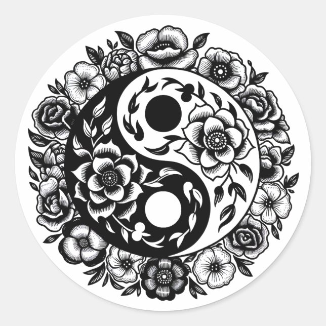 Sticker Rond Jolie florale noire et blanche Yin Yang (Devant)