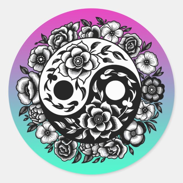 Sticker Rond Jolie florale noire et blanche Yin Yang (Devant)