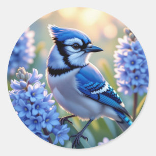 Sticker Rond Jolie Geai Bleu et Illustrations d'IA de Lilas