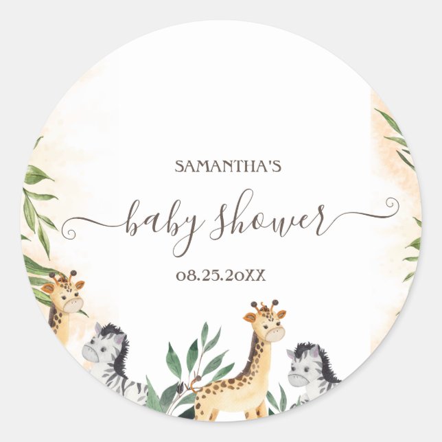 Sticker Rond Jolie girafe, zèbre quitte la baby shower (Devant)