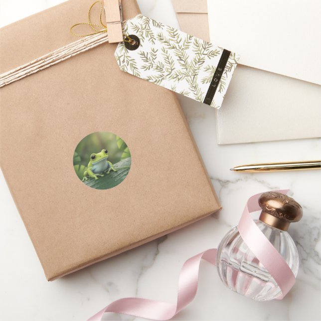 Sticker Rond Jolie grenouille verte sur feuille (Cadeaux)