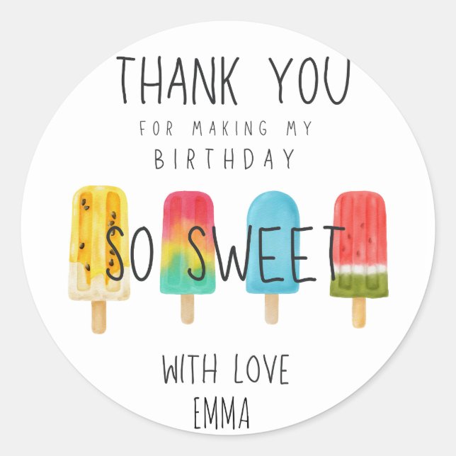 Sticker Rond Jolie Ice pop anniversaire Merci Favoriser (Devant)