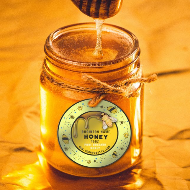 Sticker Rond Jolie Jar de miel Abee fraîche (#zazzlemade #honeylabel #driphoney #dripping #bee #yellowlabel)