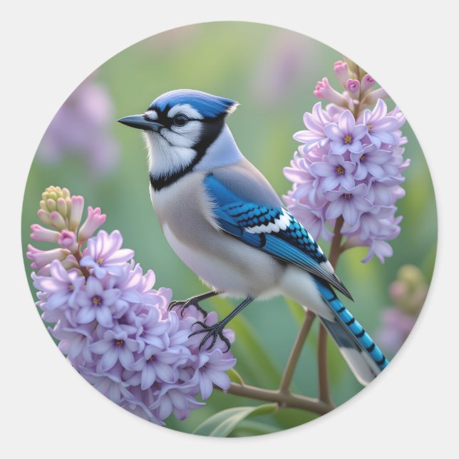 Sticker Rond Jolie Jay Bleue debout sur les Branches Lilac (Devant)