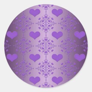 Sticker Rond Jolie Lavande Purple Hearts Damask