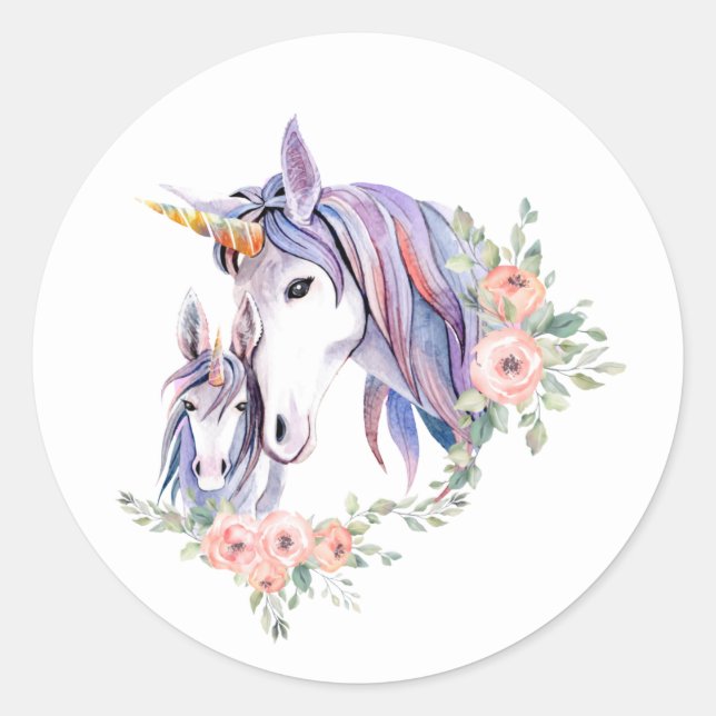 Sticker Rond Jolie licorne maman & bébé aquarelle Floral (Devant)