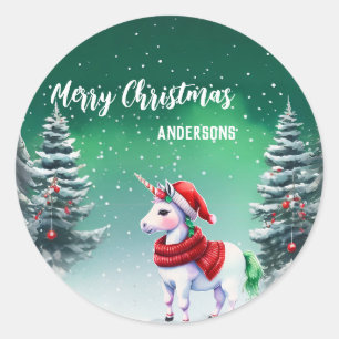 Sticker Rond Jolie licorne Père Noël fête de Noël