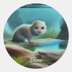 Sticker Rond Jolie loutre bébé en étang - personnalisable