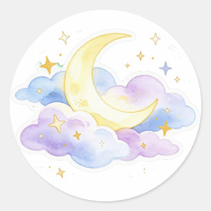 Sticker Rond Jolie Lune Aquarelle Nuages Étoiles Pastel Céleste