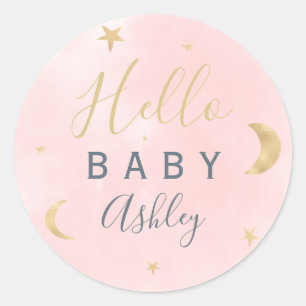 Sticker Rond Jolie lune d'or étoiles baby shower d'aquarelle ro