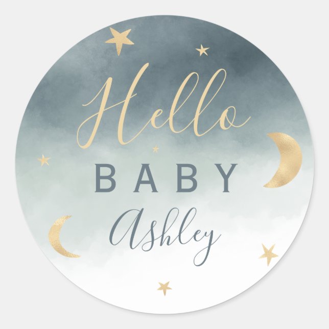 Sticker Rond Jolie lune d'or étoiles bleu baby shower d'aquarel (Devant)