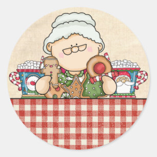 Sticker Rond Jolie Mme Claus & Cookies Enveloppe de Noël Phoque