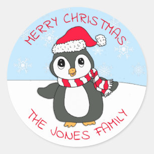 Sticker Rond Jolie Noël Pingouin Snowflakes Fêtes