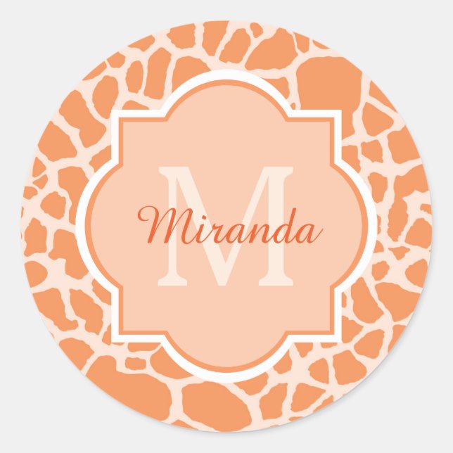 Sticker Rond Jolie Orange Giraffe Imprimer Monogramme et nom (Devant)