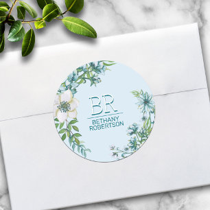 Sticker Rond Jolie papeterie florale personnalisée aquarelle bl
