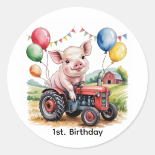 Sticker Rond Jolie petite cochonne de la ferme sur un tracteur 