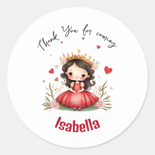 Sticker Rond Jolie petite princesse avec robe rouge (Devant)