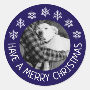 Sticker Rond Jolie photo de chien avec papa Joyeux Noël Bleu
