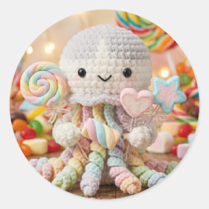 Sticker Rond Jolie Pieuvre au Crochet et Pays des Friandises