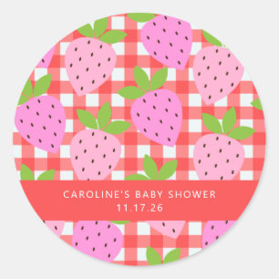Sticker Rond Jolie Plaid Fraise Vintage Personnalisé Baby Showe